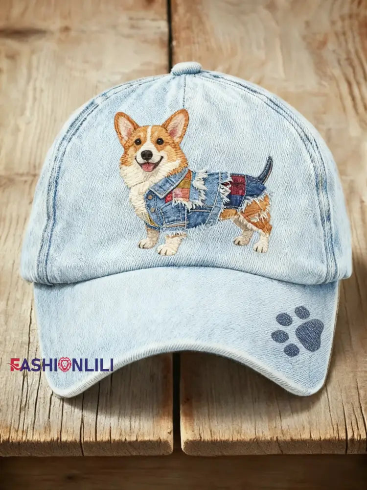 Retro Cute Dog Corgi Denim Fabric Print Casual Wash Cap Blue / ONE