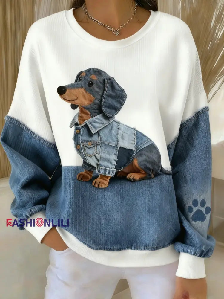 Retro Cute Dog Dachshund Denim Patchwork Fabric Printed Casual Loose Long Sleeve Sweatshirt Blue / S