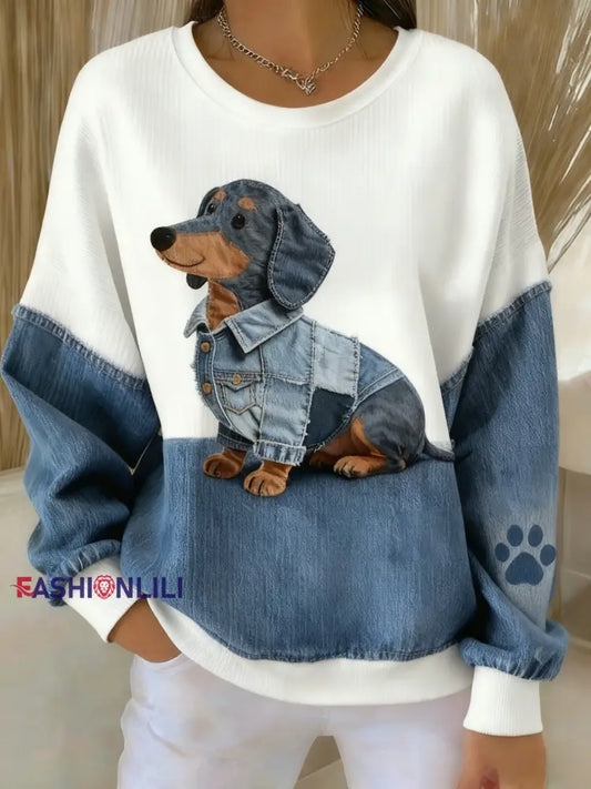 Retro Cute Dog Dachshund Denim Patchwork Fabric Printed Casual Loose Long Sleeve Sweatshirt Blue / S