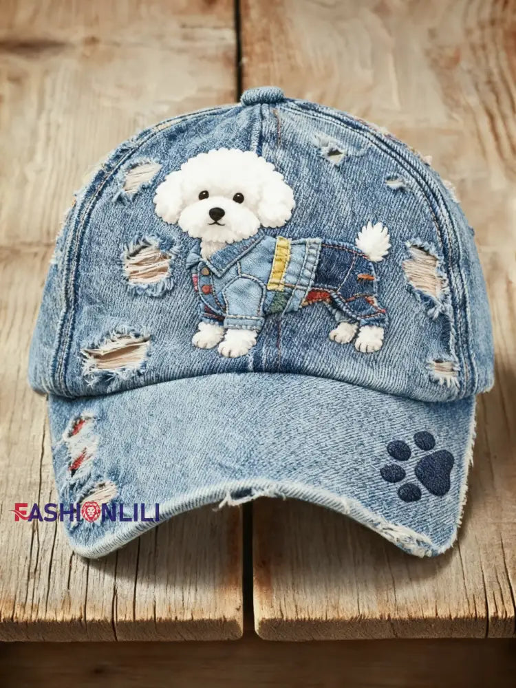 Retro Cute Dog Denim Fabric Print Casual Wash Cap Blue / ONE