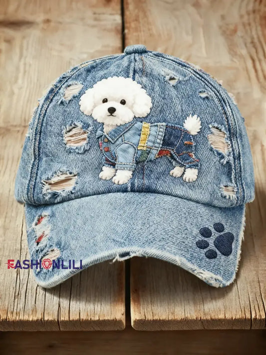 Retro Cute Dog Denim Fabric Print Casual Wash Cap Blue / ONE