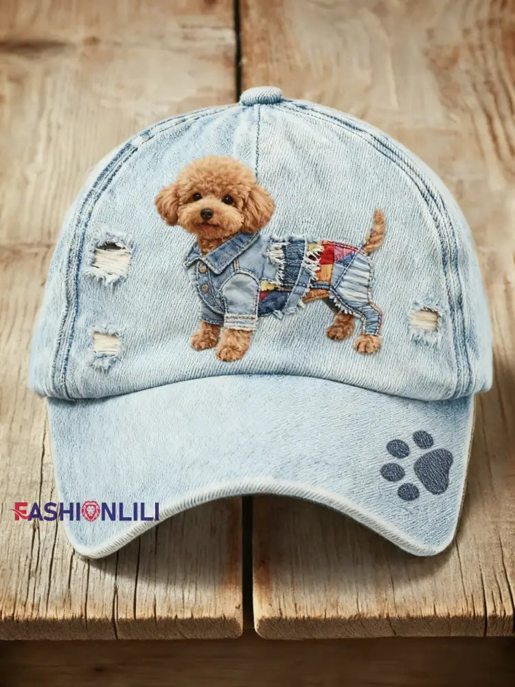 Retro Cute Dog Denim Fabric Print Casual Wash Cap Blue / ONE