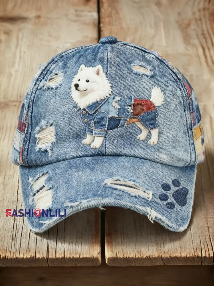 Retro Cute Dog Denim Fabric Print Casual Wash Cap Blue / ONE