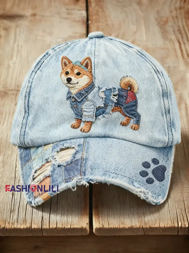 Retro Cute Dog Denim Fabric Print Casual Wash Cap Blue / ONE