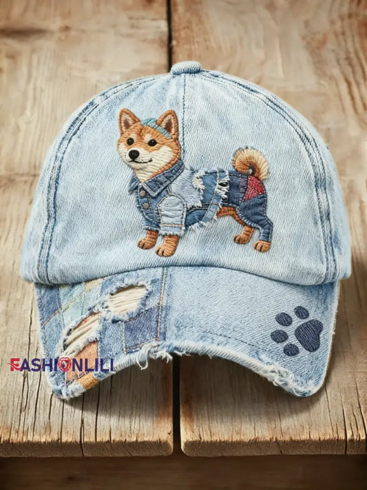 Retro Cute Dog Denim Fabric Print Casual Wash Cap Blue / ONE