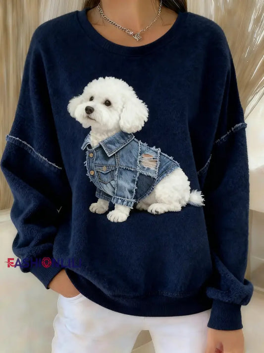 Retro Cute Dog Denim Patchwork Fabric Printed Casual Loose Long Sleeve Sweatshirt Blue / S