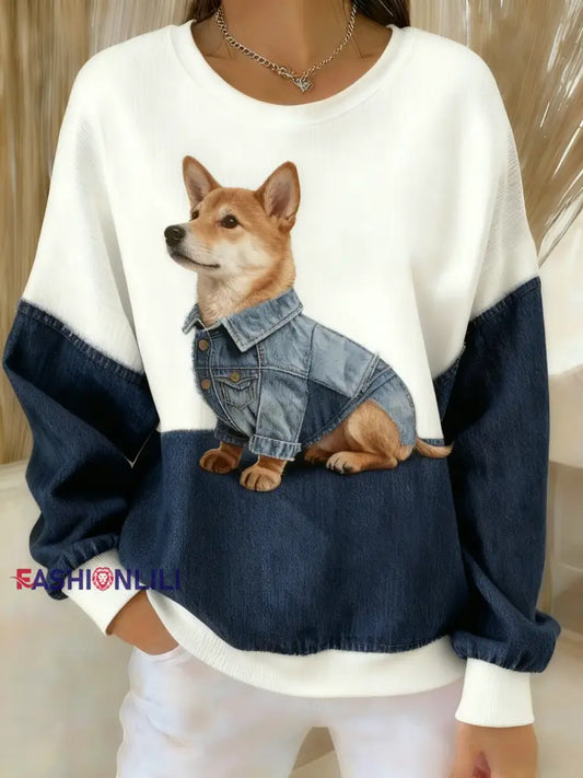Retro Cute Dog Denim Patchwork Fabric Printed Casual Loose Long Sleeve Sweatshirt Blue / S