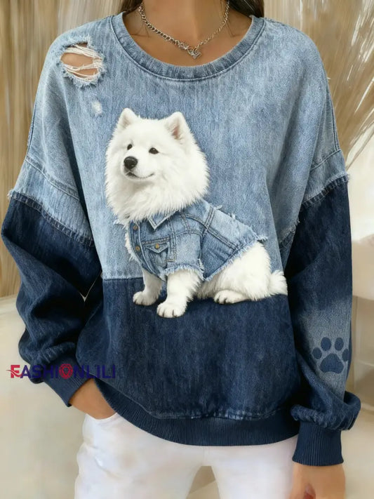 Retro Cute Dog Denim Patchwork Fabric Printed Casual Loose Long Sleeve Sweatshirt Blue / S