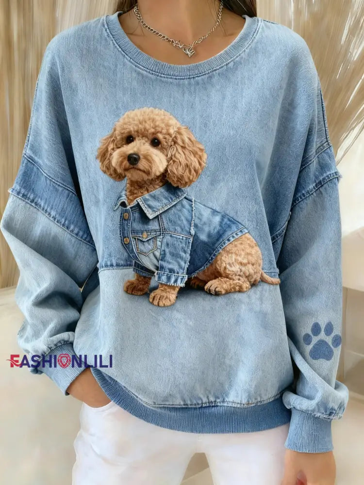 Retro Cute Dog Denim Patchwork Fabric Printed Casual Loose Long Sleeve Sweatshirt Blue / S