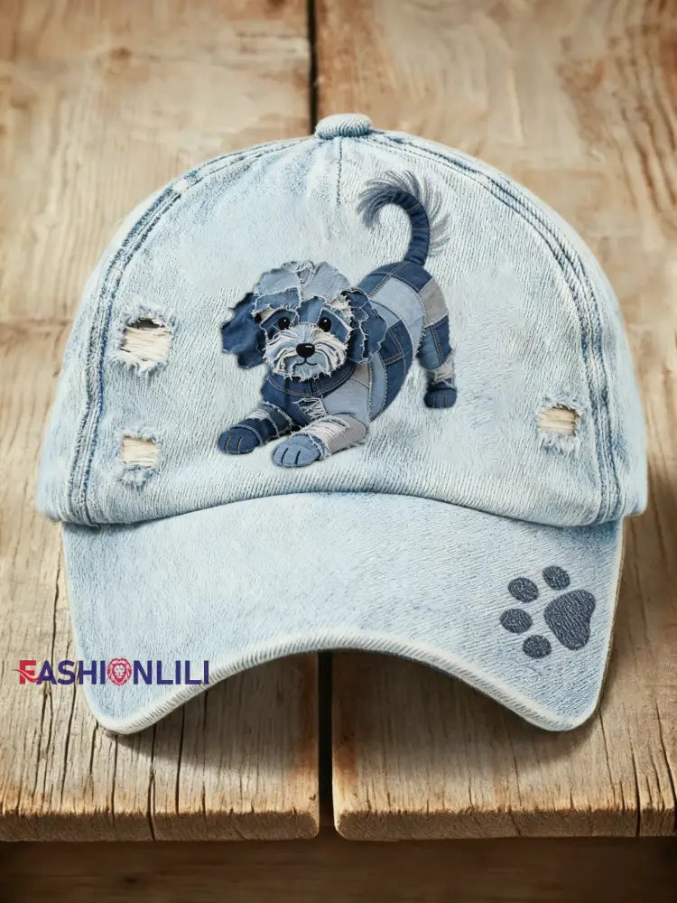 Retro Cute Dog Denim Print Washed Cap Blue / ONE