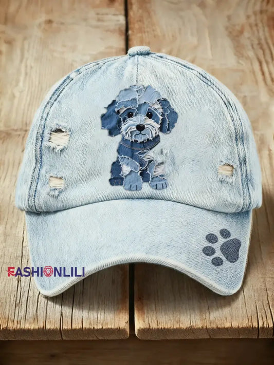 Retro Cute Dog Denim Print Washed Cap Blue / ONE