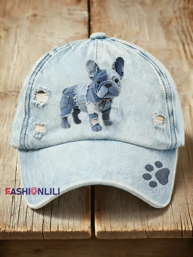 Retro Cute Dog Denim Print Washed Cap Blue / ONE