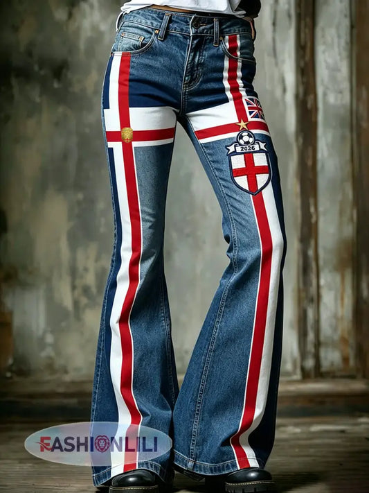 Retro English Football Art Print Casual Jeans - A / S
