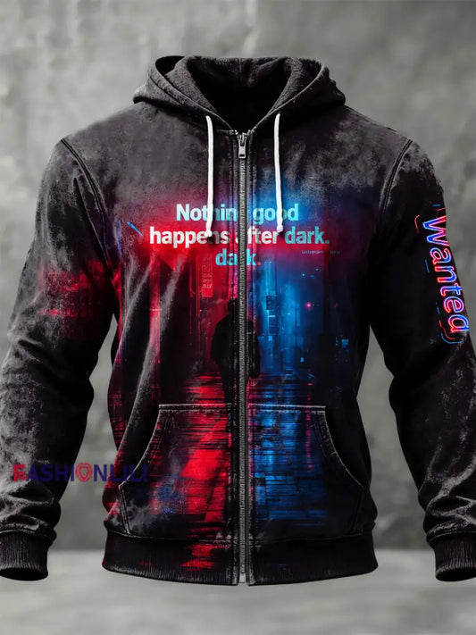 Retro-Inspired Neon Nightscape Casual Zipper Hoodie Multicolour / S