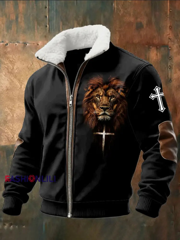 Retro Jesus Lion Lambskin Patchwork Zipper Jacket Black / S