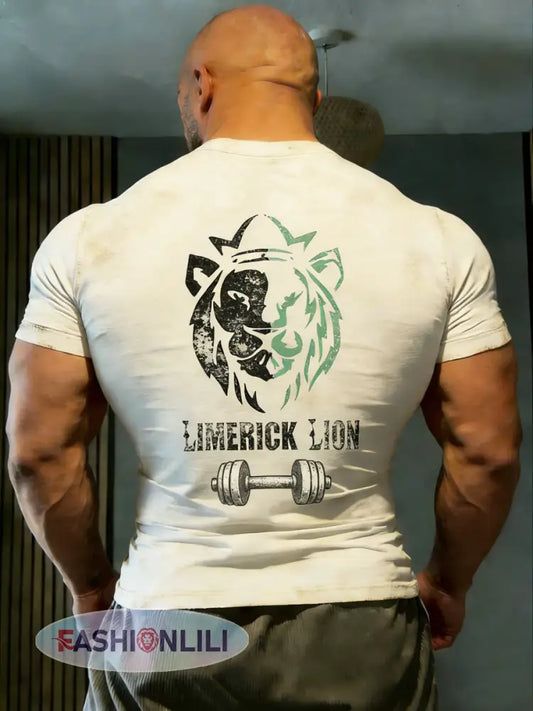 Retro Limerick Lion Strongest Man Print Casual T-Shirt - White / S