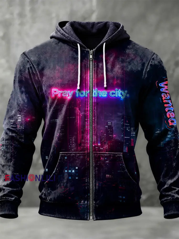 Retro Neon City Cross Casual Zipper Hoodie Multicolour / S