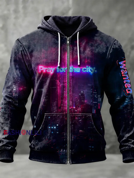 Retro Neon City Cross Casual Zipper Hoodie Multicolour / S