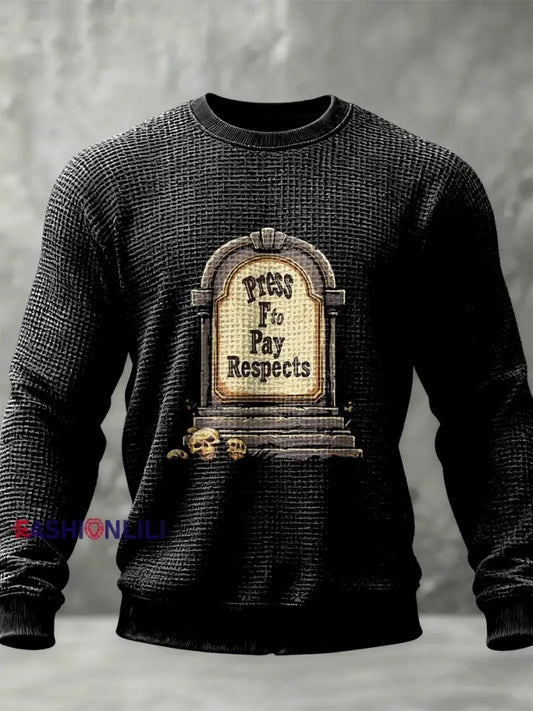 Retro Press F To Pay Respect Casual Waffle Weave Crew Neck Pullover Black / S