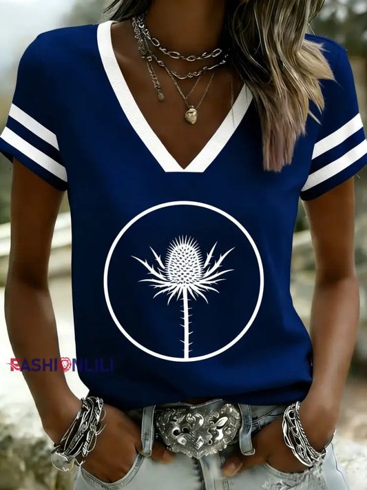 Retro Scotland Rugby Lover Print V-Neck Short Sleeve T-Shirt Blue / S