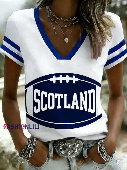 Retro Scotland Rugby Lover Print V-Neck Short Sleeve T-Shirt White / S