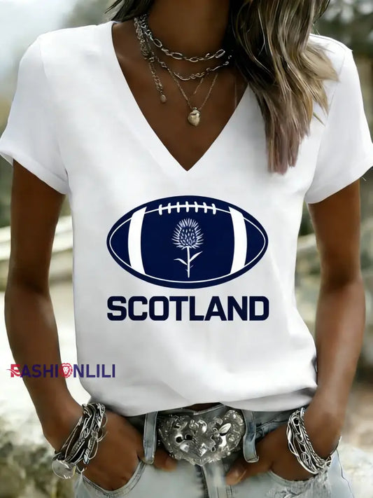 Retro Scotland Rugby Lover Print V-Neck Short Sleeve T-Shirt White / S
