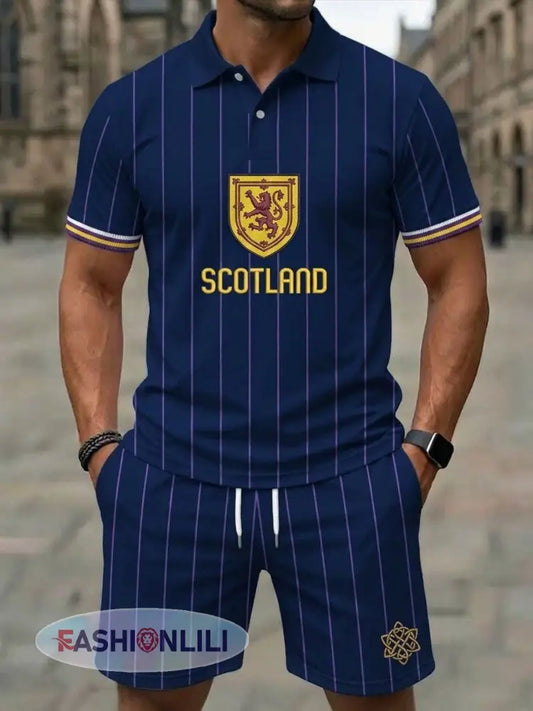 Retro UK Scotland Football Lover 2026 Print Casual Polo & Shorts Set - Blue / S