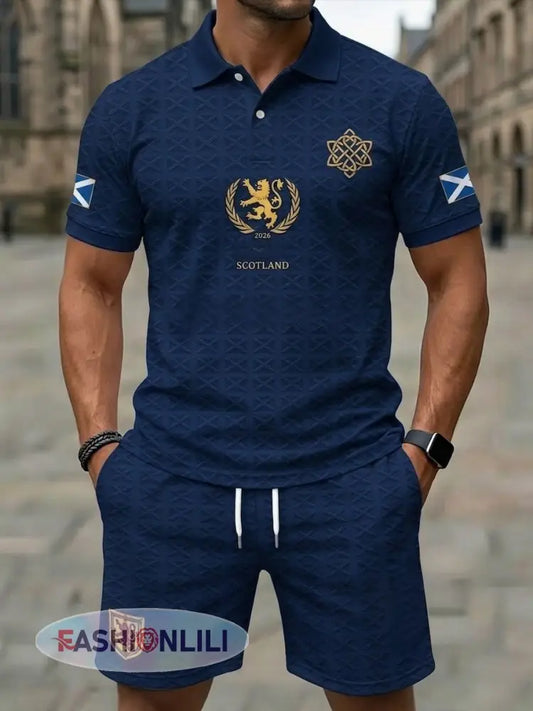 Retro UK Scotland Football Lover 2026 Print Casual Polo & Shorts Set - Blue / S