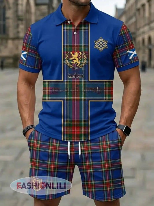 Retro UK Scotland Football Lover 2026 Print Casual Polo & Shorts Set - Blue / S