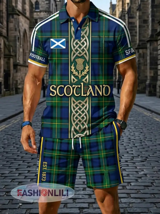 Retro UK Scotland Football Lover 2026 Print Casual Polo & Shorts Set - Green / S