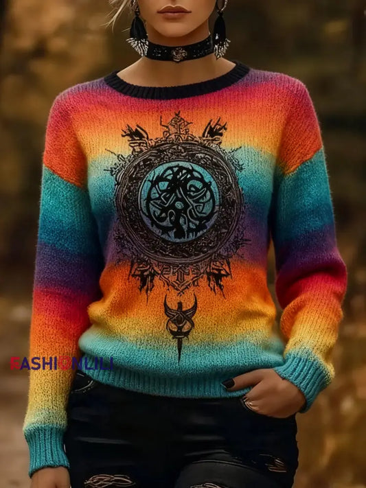 Retro Viking Celtic Knot Runes Gradient Multicolor Print Long-Sleeve Sweater Multicolour / S