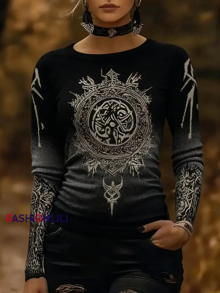 Retro Viking Celtic Knot Runes Gradient Print Long-Sleeve Sweater Black / S