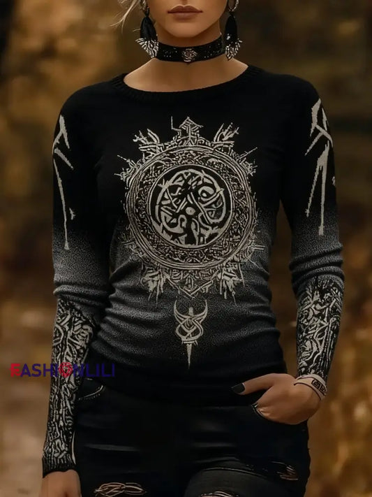 Retro Viking Celtic Knot Runes Gradient Print Long-Sleeve Sweater Black / S
