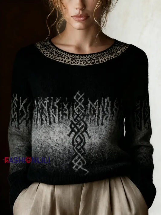 Retro Viking Celtic Knot Runes Gradient Print Long-Sleeve Sweater Black / S