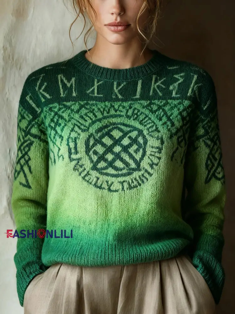 Retro Viking Celtic Knot Runes Gradient Print Long-Sleeve Sweater Green / S