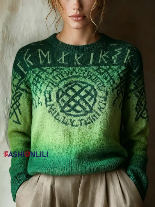 Retro Viking Celtic Knot Runes Gradient Print Long-Sleeve Sweater Green / S
