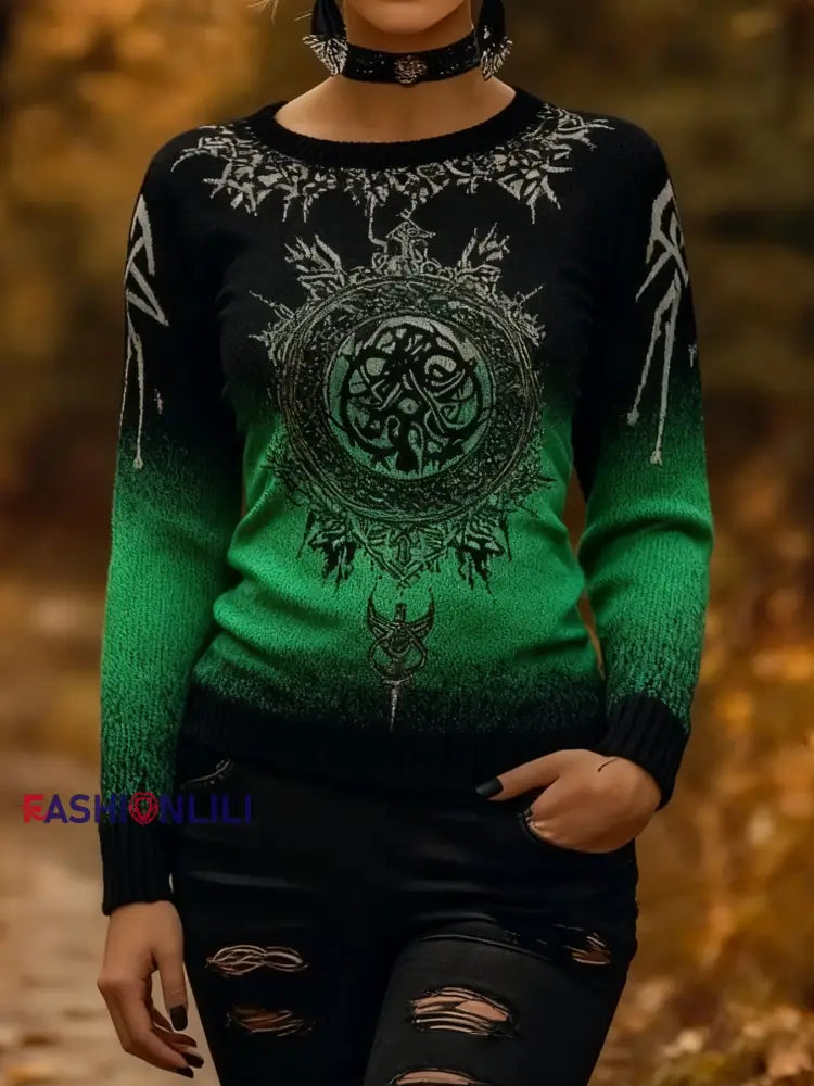 Retro Viking Celtic Knot Runes Gradient Print Long-Sleeve Sweater Green / S