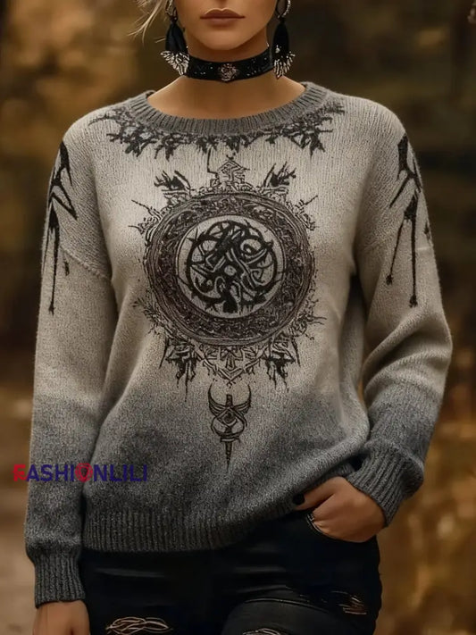Retro Viking Celtic Knot Runes Gradient Print Long-Sleeve Sweater Khaki / S