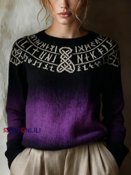 Retro Viking Celtic Knot Runes Gradient Print Long-Sleeve Sweater Purple / S
