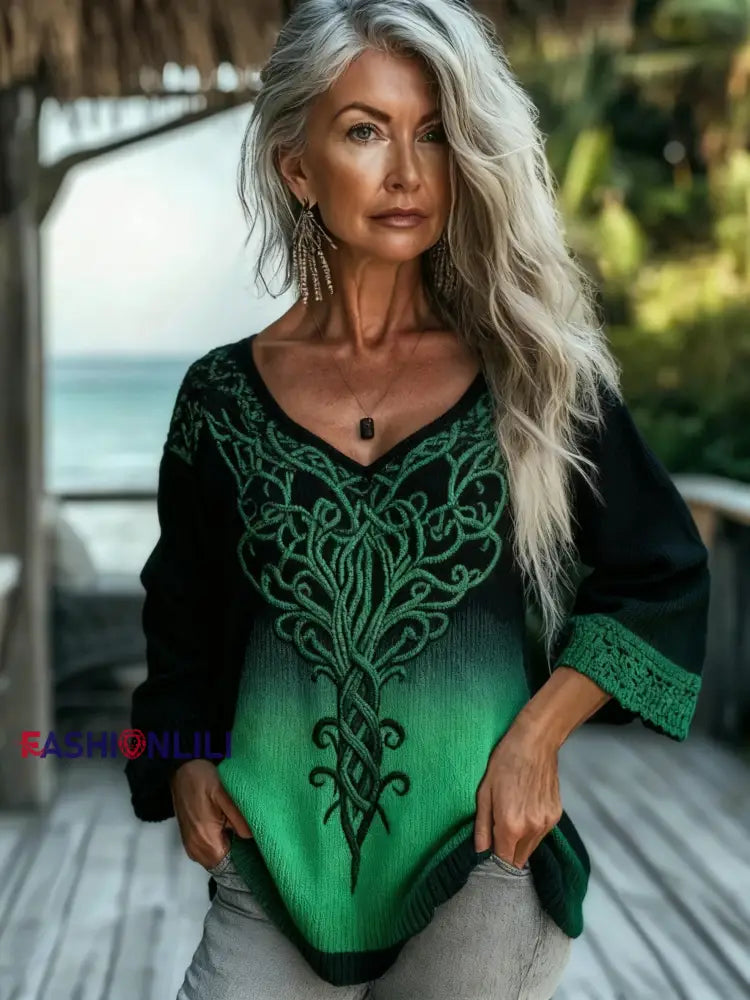 Retro Viking Celtic Knot Tree Of Life Gradient Long Sleeve Top Green / S