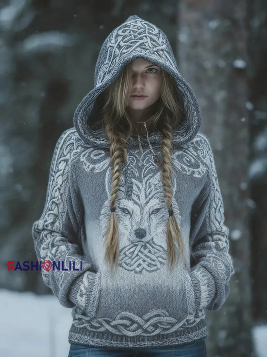 Retro Viking Wolf Celtic Knot Tree Of Life Gradient Print Hooded Sweatshirt Gray / S