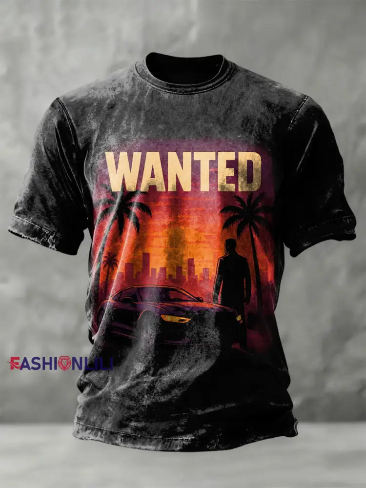 Retro Wanted Sunset City Car Casual T-Shirt Black / S