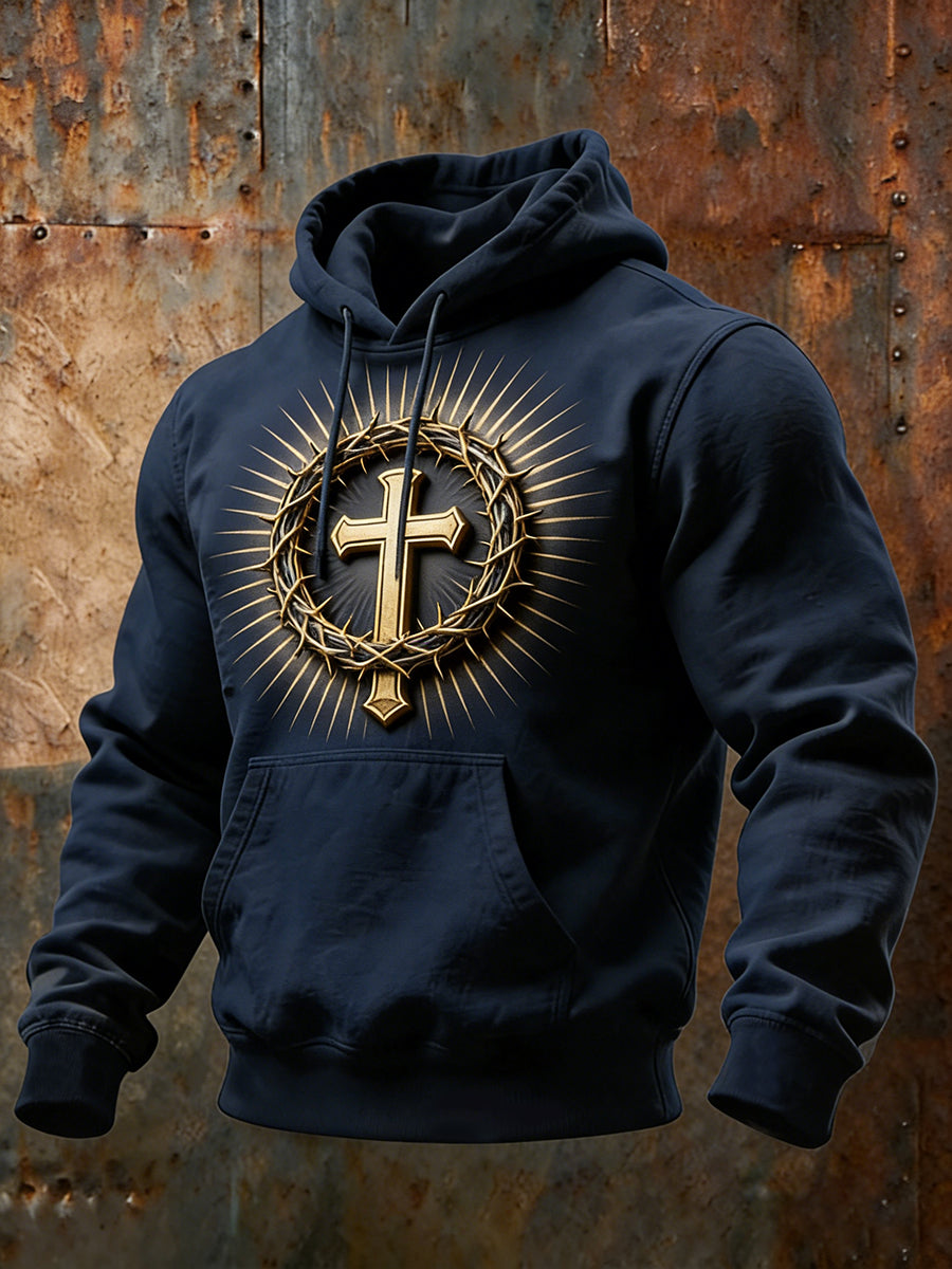 Men's Christian Thorns Crucifix Art Print Casual Hoodie with Pockets