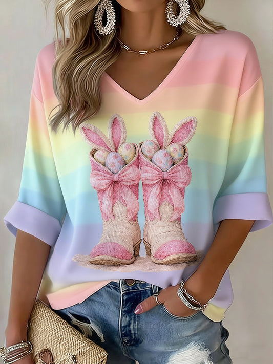 Women's V-Neck Mid-Sleeve Easter Bunny Printed Casual T-shirt