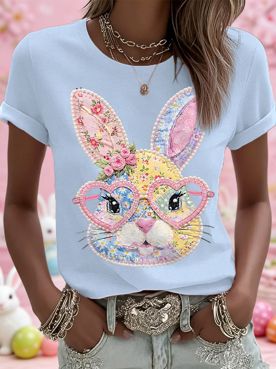 Women's Easter Floral Bunny Patchwork Print Casual Tee