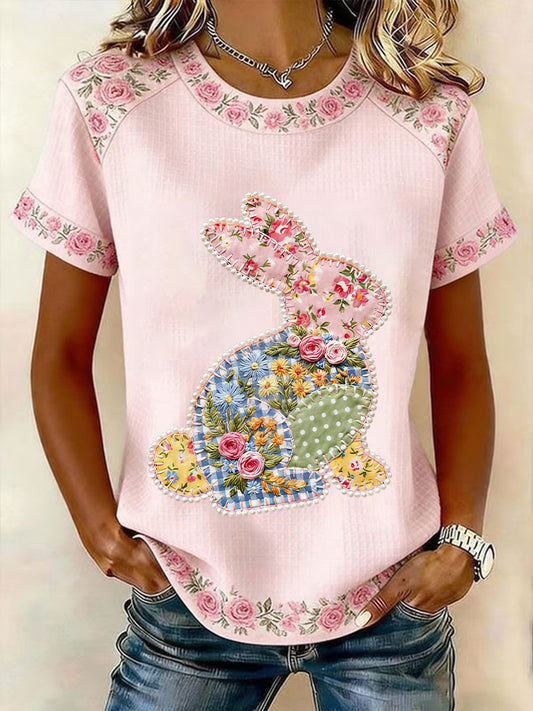 Women's Easter  Bunny Art  Floral Patchwork Print Casual Short Sleeved T-Shirt