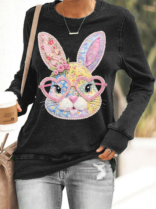 Women's Easter Floral Bunny Patchwork Print Casual Sweatshirt