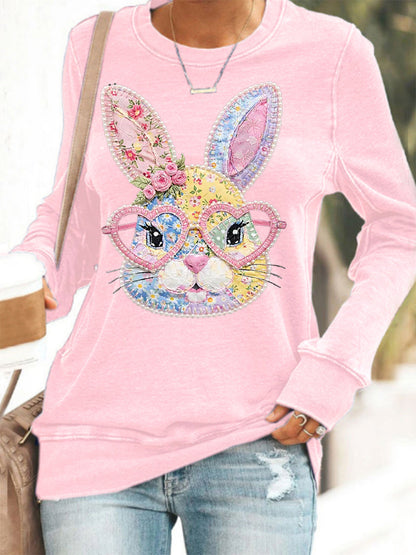 Women's Easter Floral Bunny Patchwork Print Casual Sweatshirt