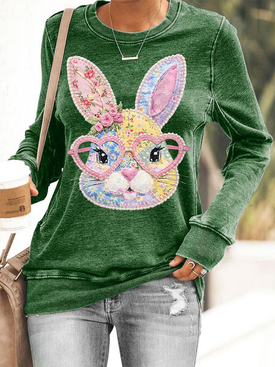 Women's Easter Floral Bunny Patchwork Print Casual Sweatshirt