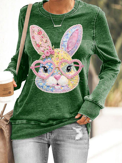 Women's Easter Floral Bunny Patchwork Print Casual Sweatshirt